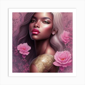 Beautiful Black Woman With Pink Roses Art Print