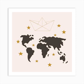 Paper Boat And World Map Square Art Print