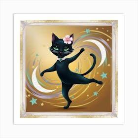 A Whimsical Illustration Of A Sleek Black Cat 1 Art Print