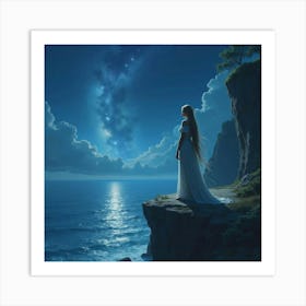 A Beautiful Elven Princess Standing On A Cliff, Overlooking A Starry Sea 1 Art Print