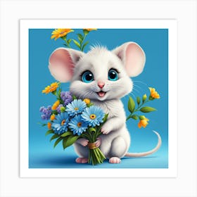 Little Mouse With A Bouquet Of Flowers Cute Fluffy Big Blue Eyes Happy Contented Smiling Widel Art Print