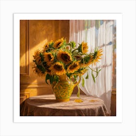 Sunlit Serenity Vibrant Sunflowers In A Golden Room (1) Art Print