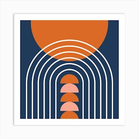 Modern Mid Century Gateway Sun Moon Rainbow 14 Abstract in Navy Blue Burnt Orange Art Print