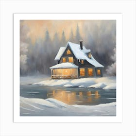 Winter House By The Lake Art Print