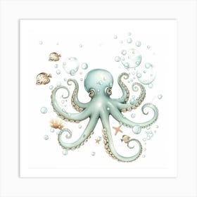 Storybook Style Octopus With Puffer Fish Art Print