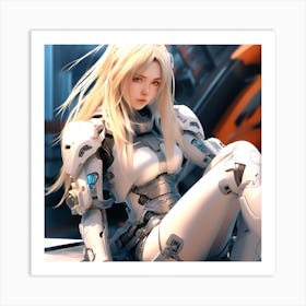 3d Dslr Photography A Woman With Long Blonde Hair Sitting On The Ground, Cyberpunk Art, By Krenz Cushart, Wears A Suit Of Power Armor, Closeup Character Portrait, Cute Detailed Digital Art, Artgerm And Lois V (2) Art Print