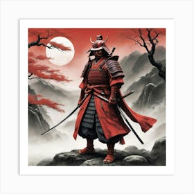 Lonely Japanese Red Samurai Warrior Art Print 0 Art Print