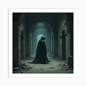 A Cunning Rogue With A Shadowy Cloak Sneaking Through An Old, Abandoned Temple Art Print