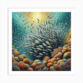 Sardines Gathering Around A Coral Reef In A Vibrant Mosaic, Style Digital Mosaic 1 Art Print