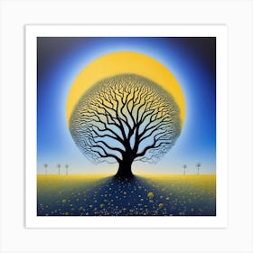A Tree of life in front of a yellow moon. The tree is tall and thin, with bare branches. The moon is large and round, and it is casting a bright yellow light on the tree and the ground below. The painting is very simple, but it is also very effective. The artist has used a limited number of colors, but they have used them to create a very striking and atmospheric image. The contrast between the black tree and the yellow moon is very stark, and it creates a sense of drama and tension. The painting is also very well-composed. The tree is placed in the center of the image, and the moon is placed in the background. This creates a sense of balance and harmony. Overall, I think the painting is a very beautiful and effective work of art. It is also a very good example of how to use a limited number of colors to create a striking and atmospheric image. Here are some additional observations I can make about the painting: The tree is bare, which suggests that the painting is set in the winter. The moon is full, which suggests that the painting is set at night. The sky is black, which suggests that the night is clear and starlit. The ground is covered in snow, which suggests that the painting is set in a cold climate. The painting has a very somber and melancholic mood. This is conveyed by the use of dark colors, the bare tree, and the cold, winter setting. The painting may be about the loneliness and isolation of winter, or it may be about something more general, such as the ephemeral nature of life Art Print