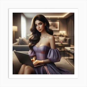 Asian Woman With Laptop Art Print