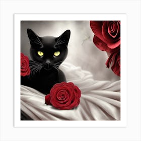 Silk And Roses Black Cat Art Print