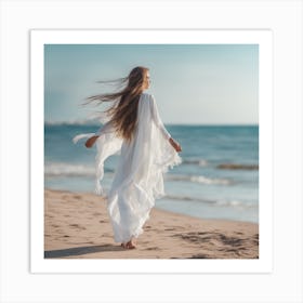 Woman Walking On The Beach Art Print