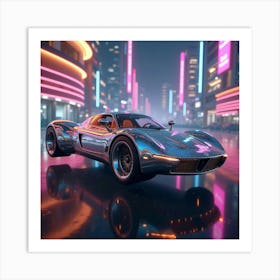 Chrome Plated Flying Car With Sleek Design, Gliding Through Neon Lit Towers 1 Art Print