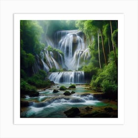 A majestic waterfall flowing through a lush rainforest2 Art Print