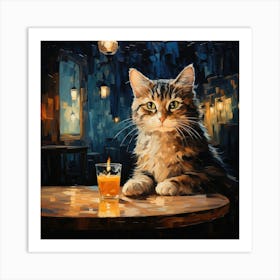 Cat And Cafe Terrace At Night Van Gogh Inspired 06 Art Print