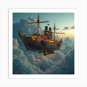 Steampunk Airship Navigating Through Clouds With Glowing, Intricate Designs 1 Art Print