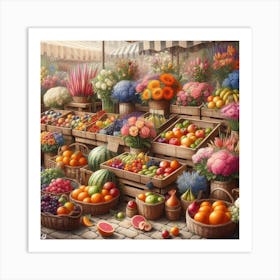 Market Art: A Contemporary and Impressionistic Painting of a Flower and Fruit Market with Various Colors and Patterns Art Print