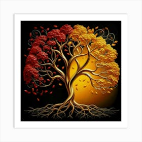 Template: Half red and half black, solid color gradient tree with golden leaves and twisted and intertwined branches 3D oil painting 12 Art Print