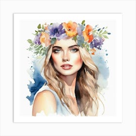 woman portrait with flowers head crown 6 Art Print