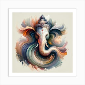 "Confluence of Divinity" - This piece captures the ethereal essence of Ganesha using a whirlwind of colors, where each stroke and shade merges to form the deity's iconic profile. The abstract approach symbolizes the blending of cosmic energies, evoking a sense of peace and introspection. This artwork is ideal for spaces that encourage reflection and calm, offering a modern twist on spiritual iconography. Art Print