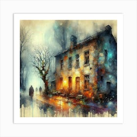 Enigmatic Night: A Tree-Laden Old House Wall - Inspired by Schaller and Merriam, Embracing Digital Art Trends. Art Print