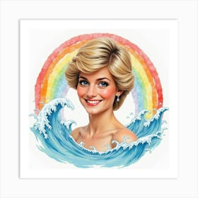 Smiling Princess Diana Framed In Delicate Watercolor Rainbow Waves 1 Art Print