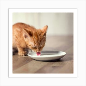 Kitten Licking A White Plate Art Print