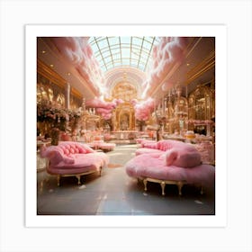 Firefly Pink, Fluffy, Cloudy, Mall, Pink Halls, Gold Accents, Cloud Shaped, Benches, Heart Shaped, D (2) Art Print