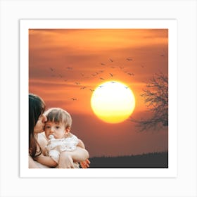 Sunset and mother's love for her child Art Print