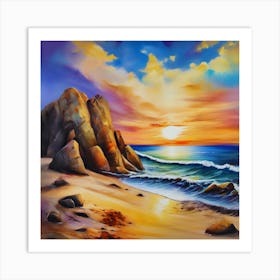 Artwork, oil colors, sea and sunset, seashore, beach rocks.San Francisco, USA.4 Art Print