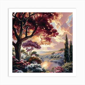 Crimson Canopy - Sunset Over The Serene Valley Art Print