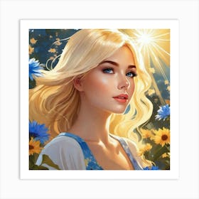 Sun, blue and yellow flowers, blonde hair, blue eyes  Art Print