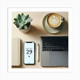 Desk With Laptop And Phone Art Print