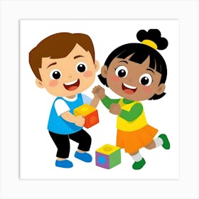 Two Children Playing With Building Blocks Art Print