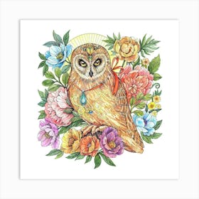 Owl With Flowers Art Print