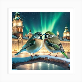 Firefly A Modern Illustration Of 2 Beautiful Sparrows Together In Neutral Colors Of Taupe, Gray, Tan (75) Art Print