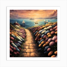 Path To The Sea- Landscape of Capo Coda Cavallo seen from San Teodoro in the Mediterranean sea in Olbia-Tempio province, Sardinia island, Italy in summer. Scenery at Tavolara Island Road flowers Art Print