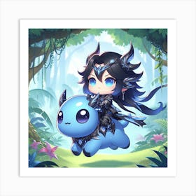 Girl Riding A Blue Dragon Art Print