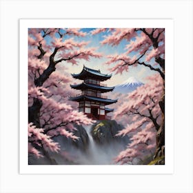 Japanese Temple and Sakura Blossoms Art Print