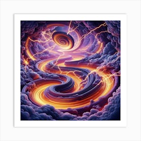 3 Dimensional Rivers With Multiple Orange Lightning And Purple Swirls In A Vortex Of Storm Clouds 3 Art Print