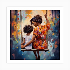 Mother And Daughter Swinging Art Print
