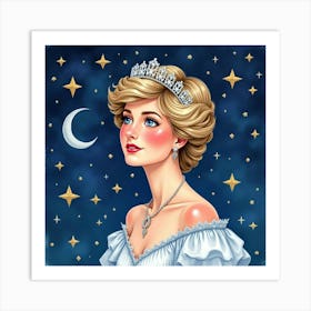 Watercolor Portrait Of Princess Diana In A Whimsical, Starry Night 1 Art Print