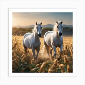 Two White Horses Running In The Field Art Print