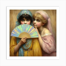 Two Girls Holding A Fan 2 Art Print