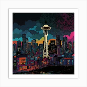 Seattle Skyline At Night Art Print