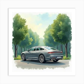 Modern Luxury Vehicle By A Serene Forest, Watercolor Painting 1 Art Print