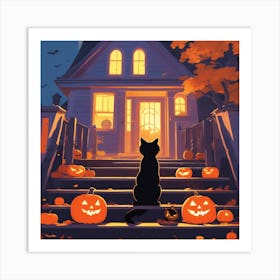 Halloween Cat In Front Of House 9 Art Print