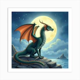 Enchanting Dragon In A Moonlit Sky, Watercolor 1 Art Print