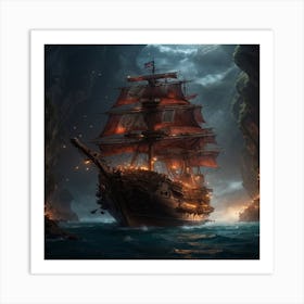 Pirate Ship In The Cave Art Print
